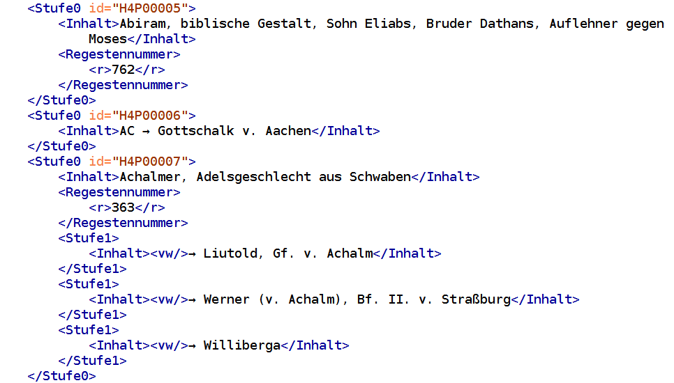 Ausschnitt aus dem XML-Register der Regesten Heinrichs IV.
